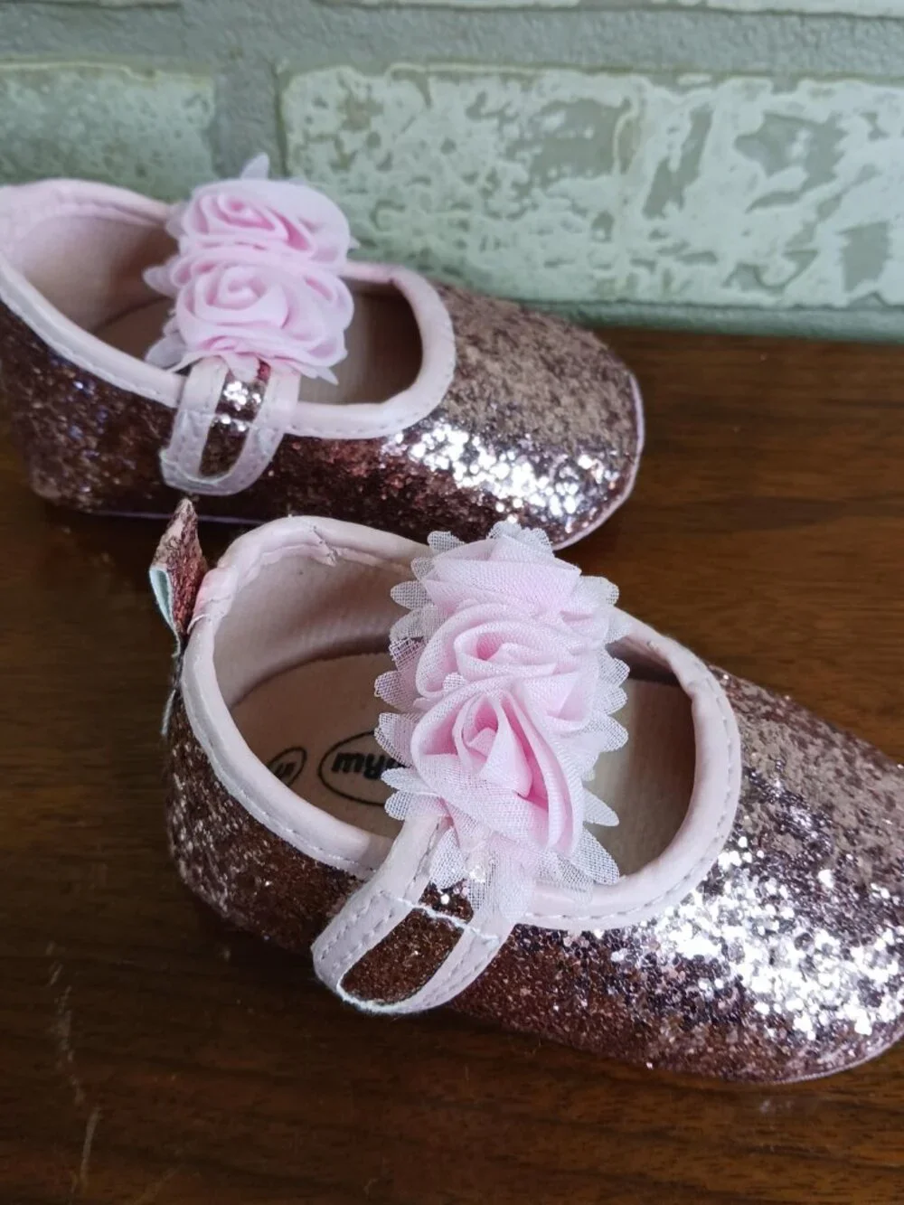 Little Girls Size 5 Mary Jane Shoes Pink Glitter Dress Shoes Chiffon Flower